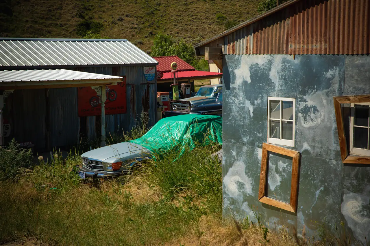 Abandoned Farmyard with Covered Car, centered crop for 18 × 24 in.