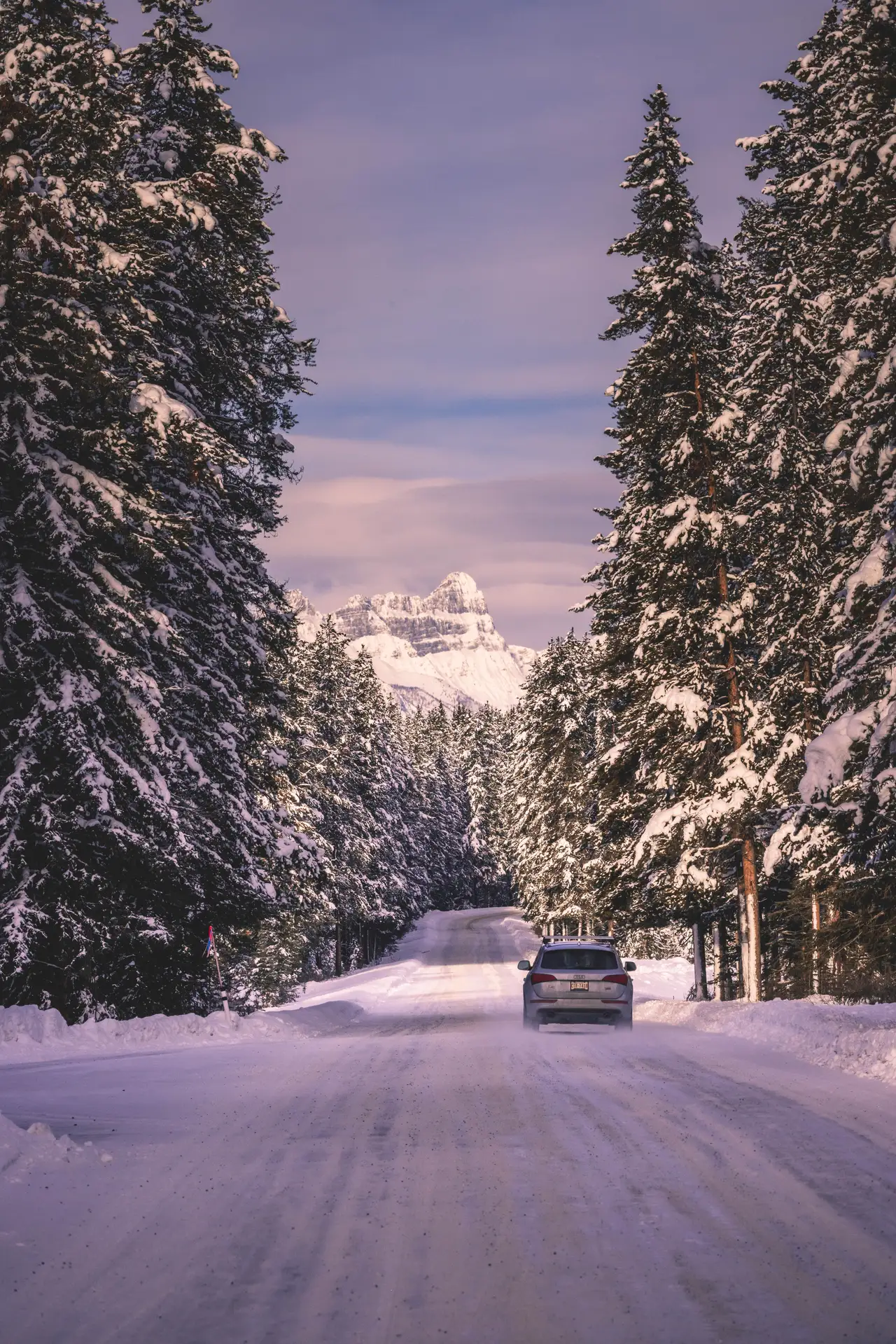 Fine-art photograph, “Snowy Forest Road with a Vehicle - 5M2A0727.JPG,” from the British Columbia - Banff collection.