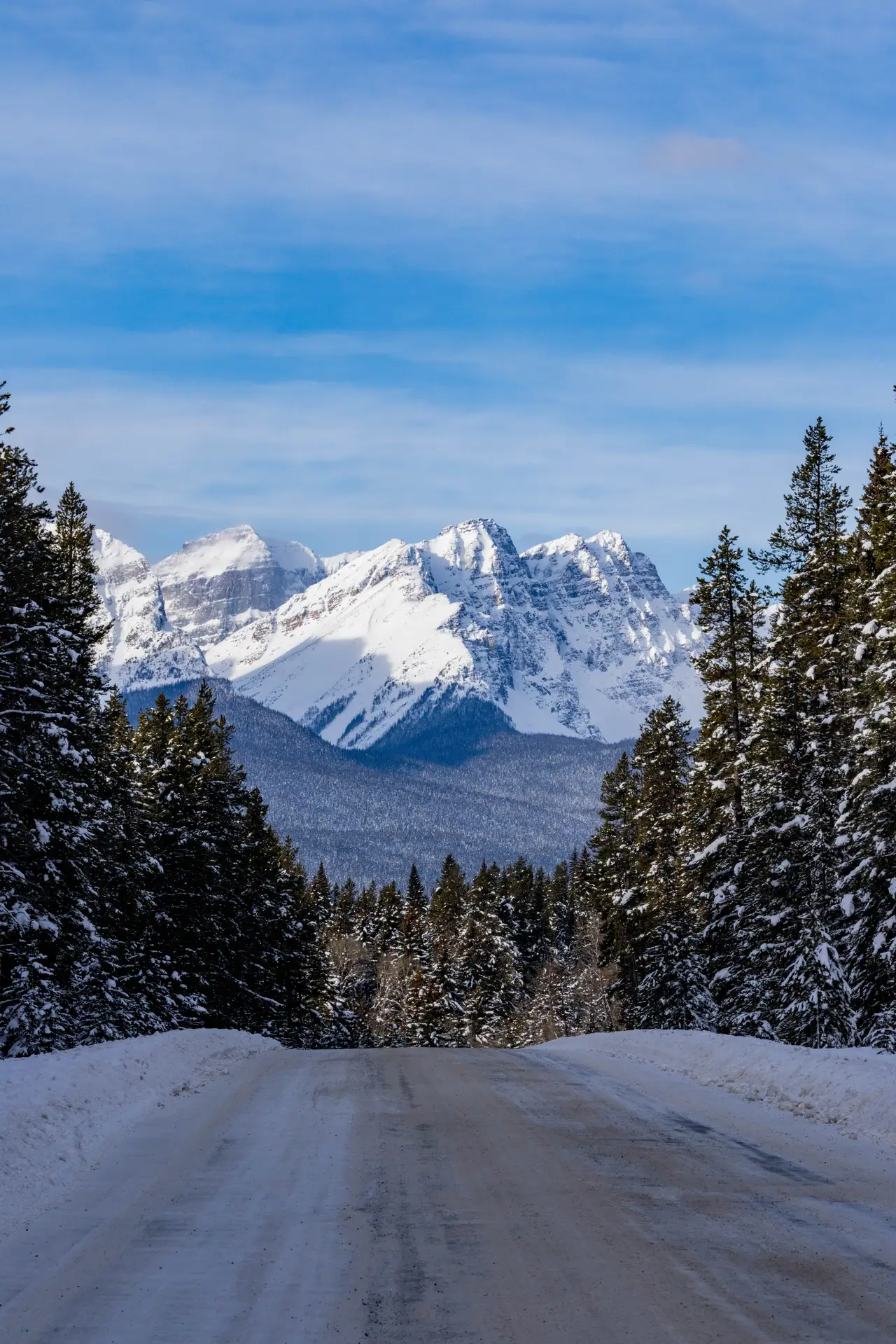 Fine-art photograph, “Snowy Banff Road Framing the Rockies - 5M2A0922.JPG,” from the British Columbia - Banff collection.