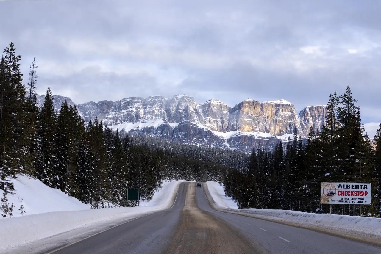 Fine-art photograph, “Banff Highway beneath Winter Mountains - 5M2A1288.JPG,” from the British Columbia - Banff collection.