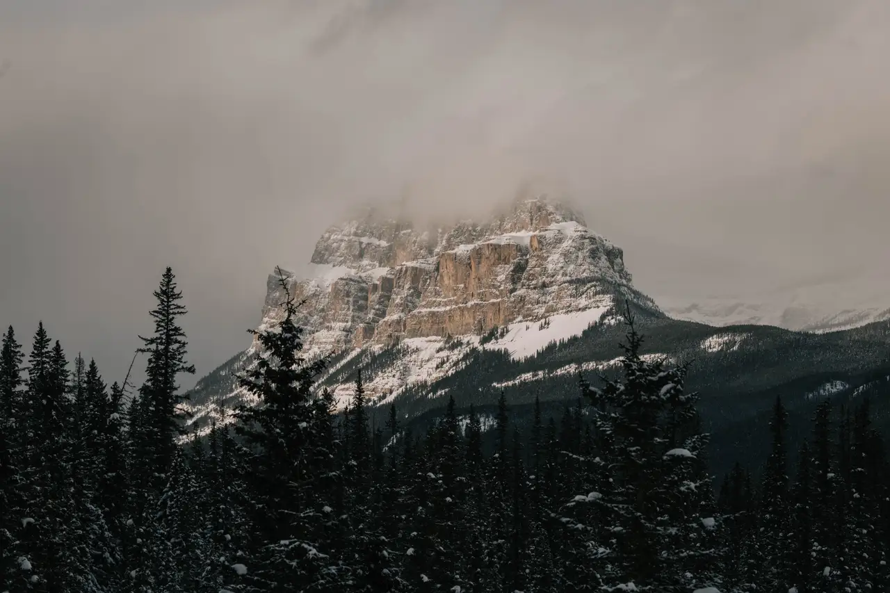 Fine-art photograph, “Snowy Banff Mountain Under Clouds - 5M2A8408.JPG,” from the British Columbia - Banff collection.