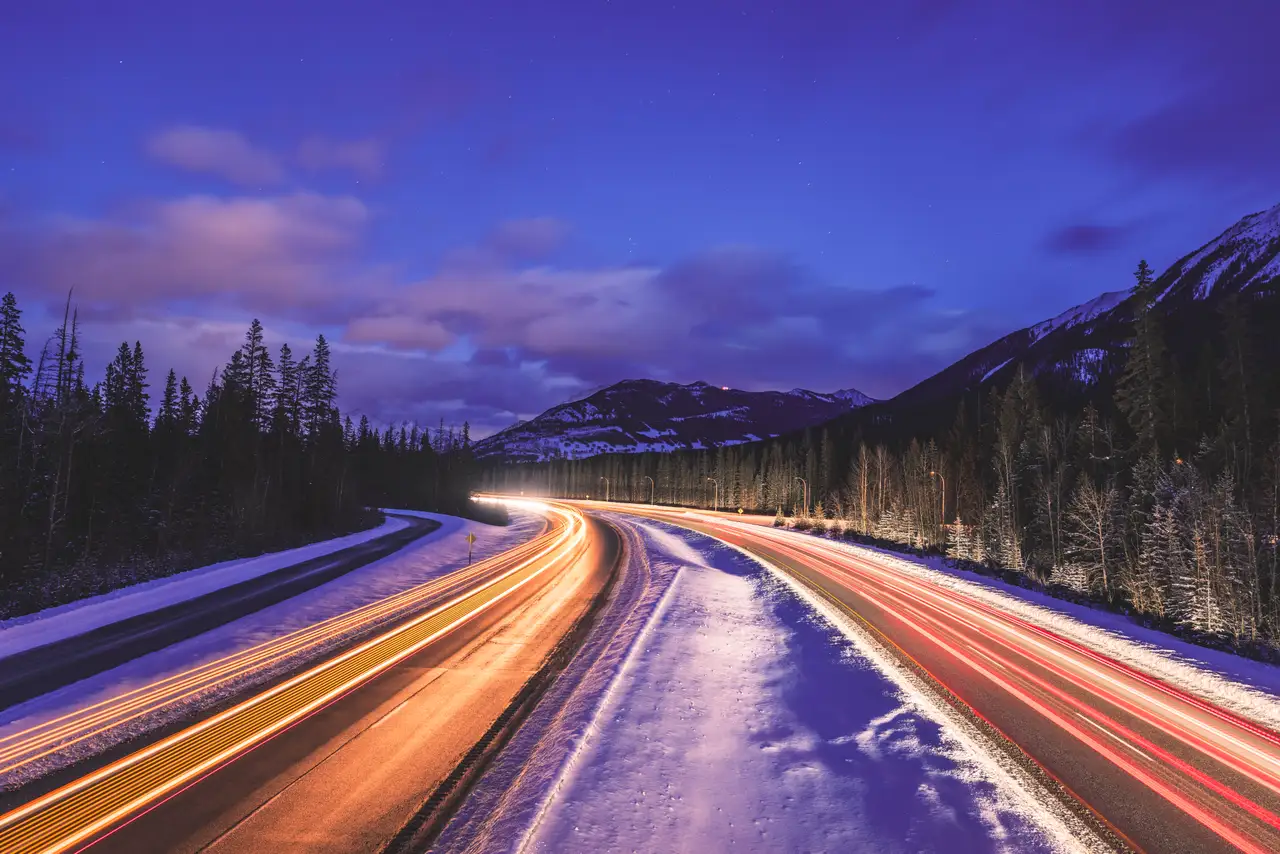 Fine-art photograph, “Banff Highway Light Trails at Blue Hour - 5M2A8867.JPG,” from the British Columbia - Banff collection.