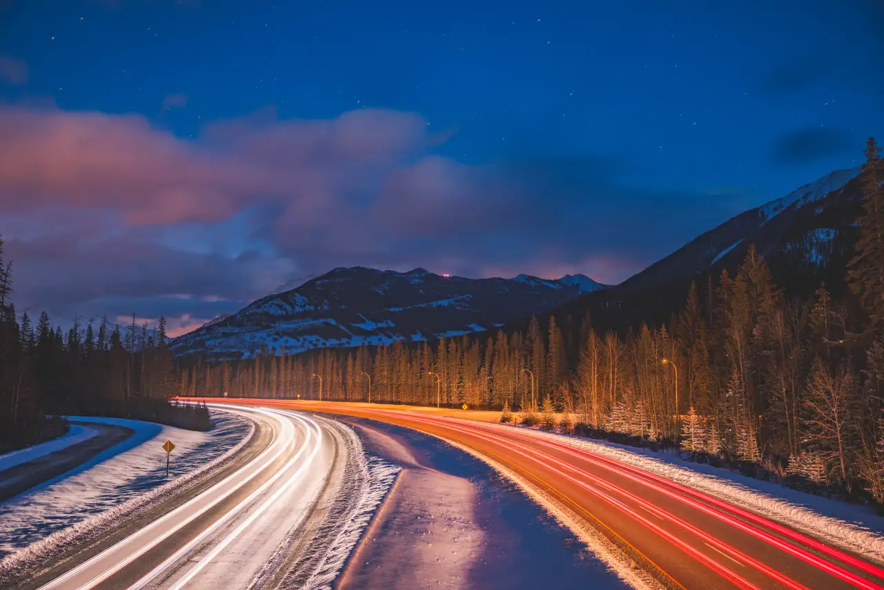 Fine-art photograph, “Banff Highway Light Trails at Dusk - 5M2A8873.JPG,” from the British Columbia - Banff collection.