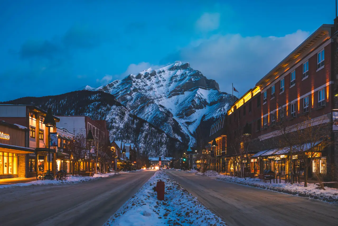Fine-art photograph, “Banff Avenue and Cascade Mountain at Night - 5M2A8877.JPG,” from the British Columbia - Banff collection.
