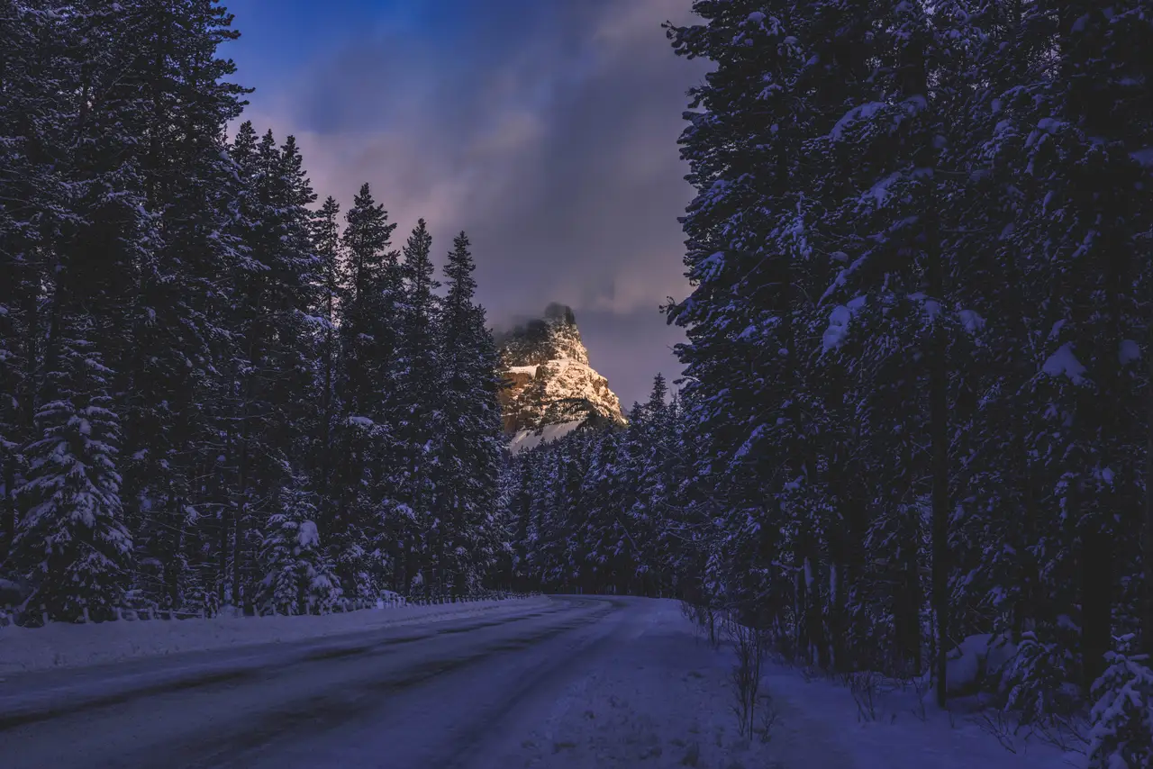 Fine-art photograph, “Banff Road Framing a Snowy Peak - 5M2A8928.JPG,” from the British Columbia - Banff collection.
