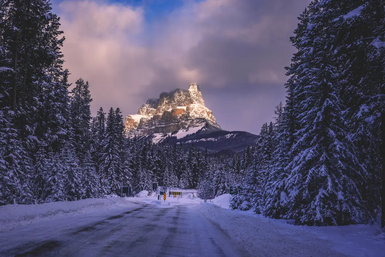 Fine-art photograph, “Snowy Banff Road and Mountain - 5M2A8933.JPG,” from the British Columbia - Banff collection.