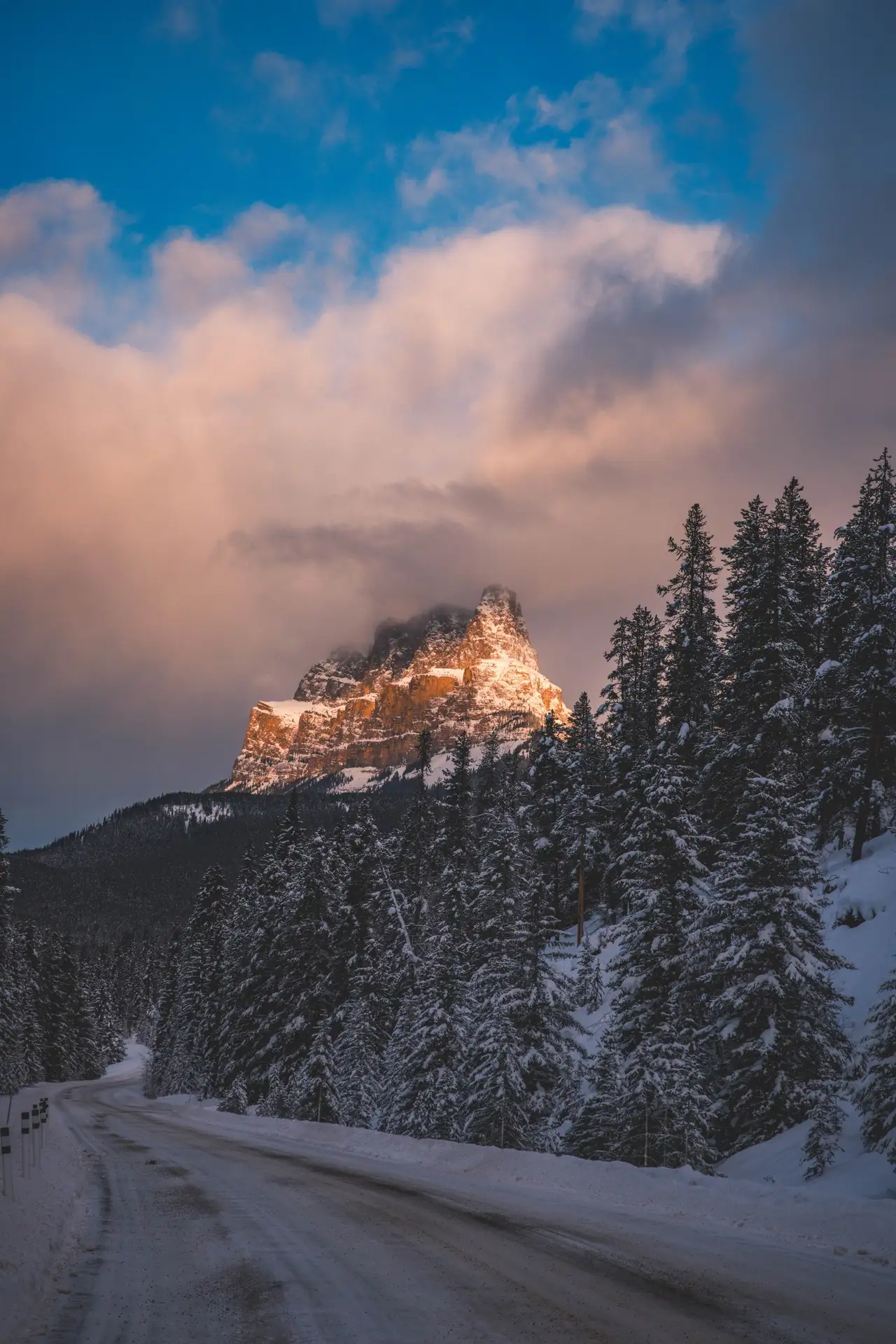 Fine-art photograph, “Snowy Banff Road and Mountain in Vertical - 5M2A8939.JPG,” from the British Columbia - Banff collection.