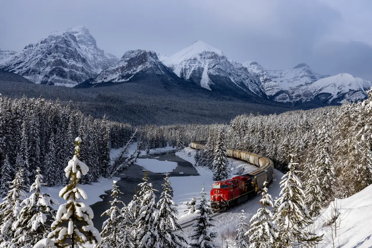 Fine-art photograph, “Canadian Pacific Train Below Snowy Peaks - 5M2A9293.JPG,” from the British Columbia - Banff collection.
