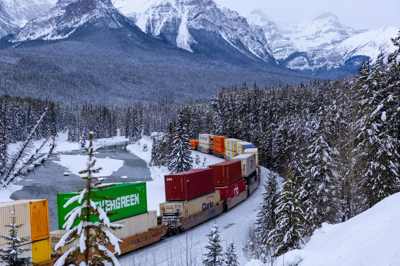 Fine-art photograph, “Canadian Pacific Train Beneath the Rockies - 5M2A9673.JPG,” from the British Columbia - Banff collection.