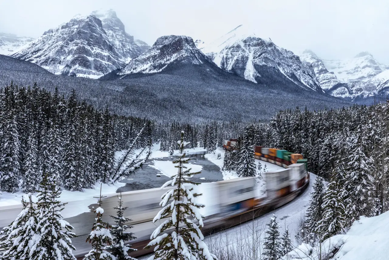 Fine-art photograph, “Train Line beneath the Rockies - 5M2A9966.JPG,” from the British Columbia - Banff collection.