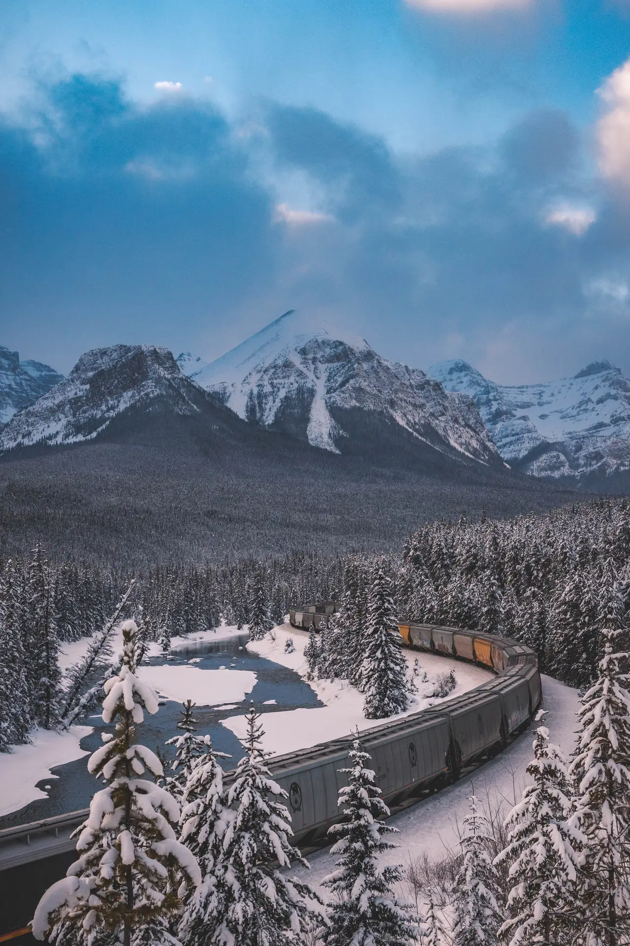 Fine-art photograph, “Canadian Pacific Train Beneath Winter Mountains - _FIV2959.JPG,” from the British Columbia - Banff collection.