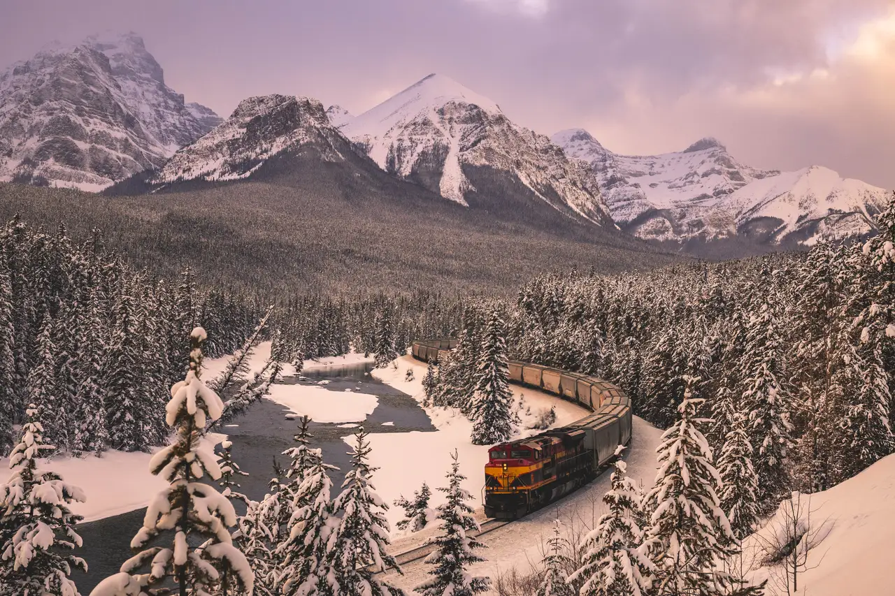 Fine-art photograph, “Canadian Pacific Train in Lavender Winter Light - _FIV3172.JPG,” from the British Columbia - Banff collection.