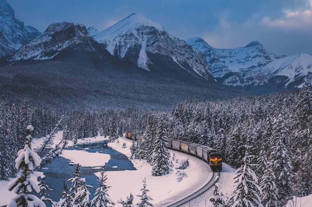 Fine-art photograph, “Canadian Pacific Train Beneath Blue Mountains - _FIV3216.JPG,” from the British Columbia - Banff collection.