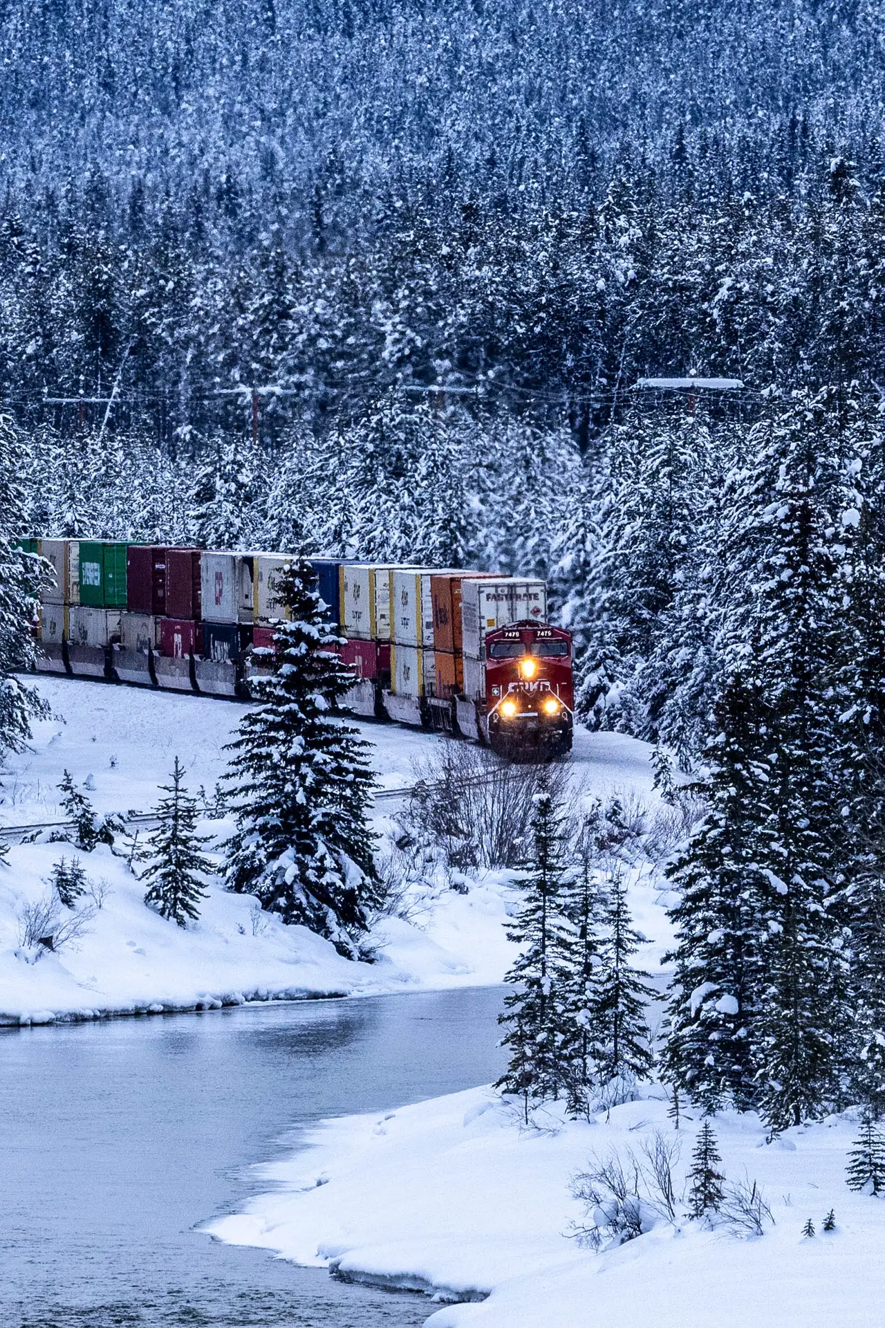 Fine-art photograph, “Canadian Pacific Train Below Snowy Pines - _FIV3520.JPG,” from the British Columbia - Banff collection.