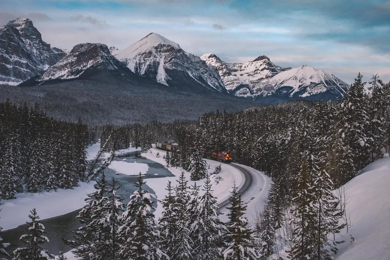 Fine-art photograph, “Canadian Pacific Train Curve Under Snowy Peaks - _FIV3836.JPG,” from the British Columbia - Banff collection.