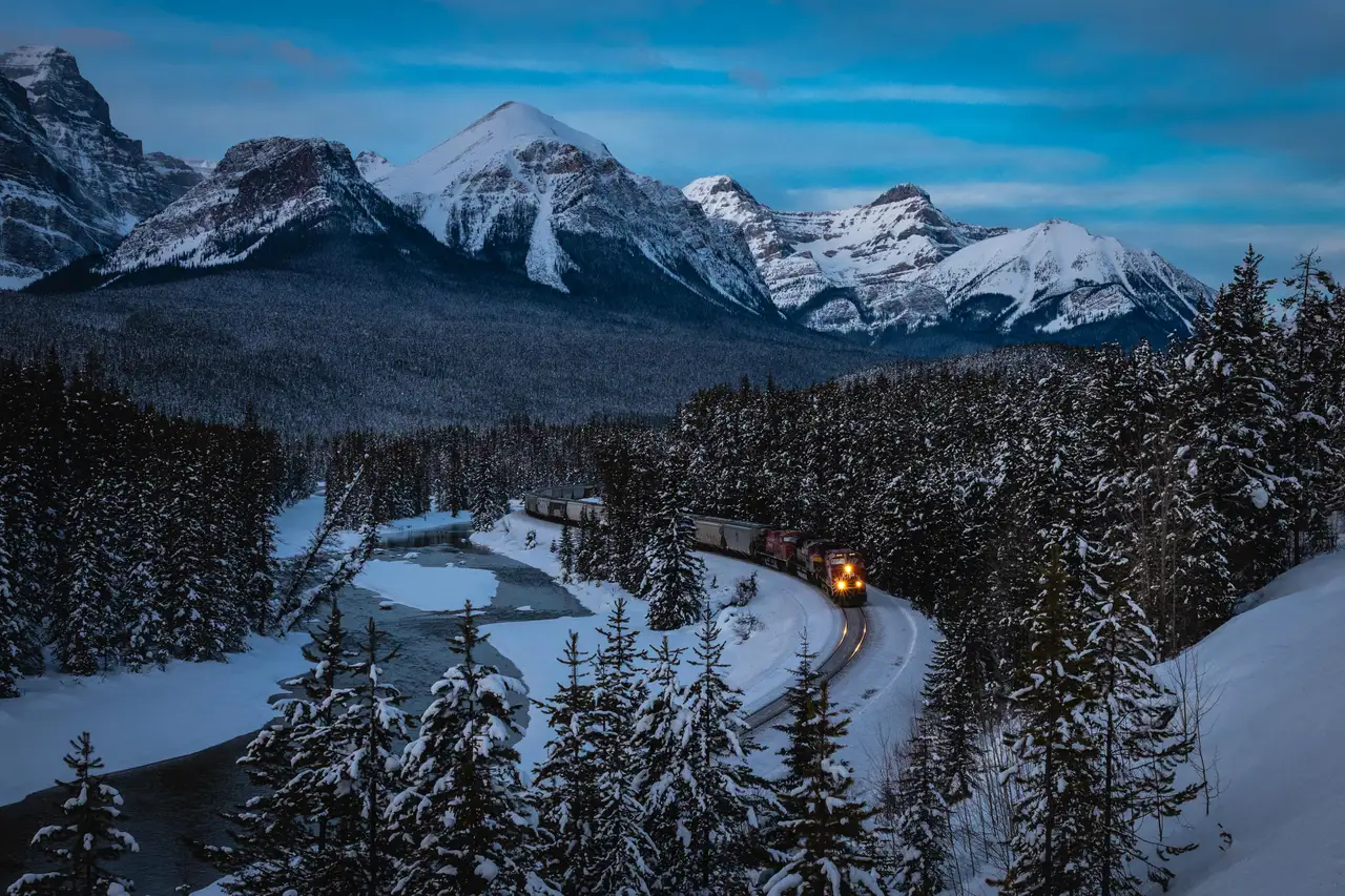 Fine-art photograph, “Canadian Pacific Train Beneath a Blue Sky - _FIV3845.JPG,” from the British Columbia - Banff collection.