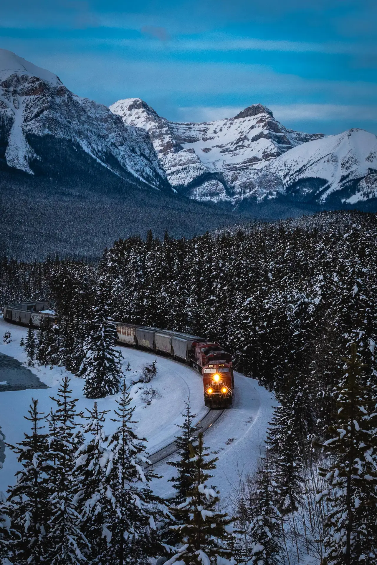 Fine-art photograph, “Canadian Pacific Train Curve in Vertical at Blue Hour - _FIV3858.JPG,” from the British Columbia - Banff collection.