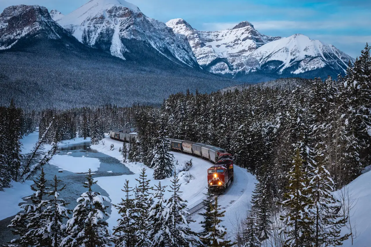 Fine-art photograph, “Canadian Pacific Train at Blue Hour Below the Rockies - _FIV3865.JPG,” from the British Columbia - Banff collection.