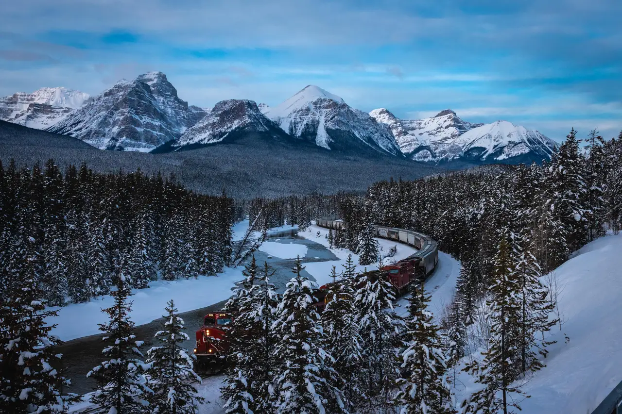 Fine-art photograph, “Canadian Pacific Train Rounding the Winter Curve - _FIV3892.JPG,” from the British Columbia - Banff collection.