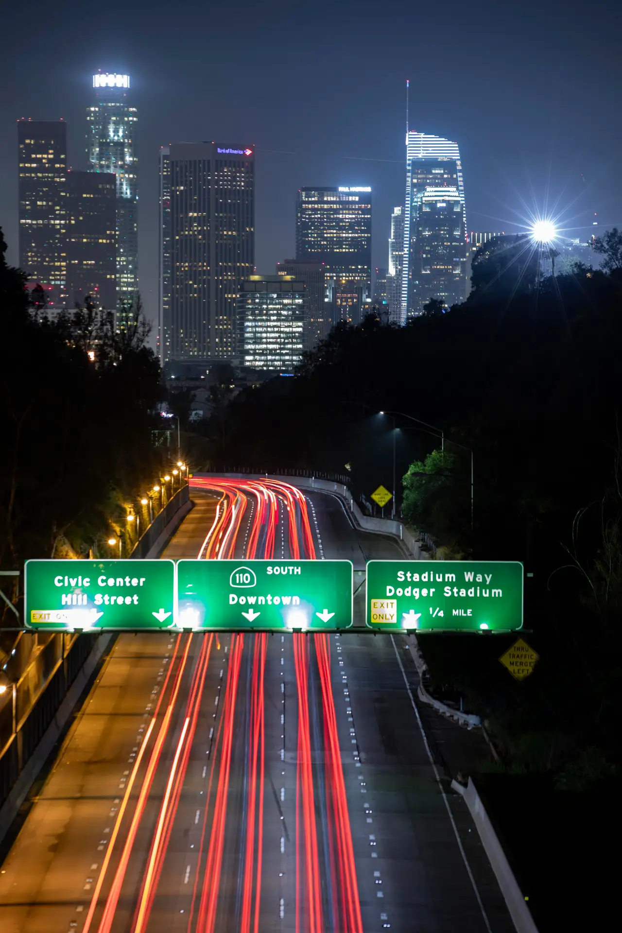 Fine-art photograph, “Downtown Los Angeles Freeway Signs and Light Trails - 5DM43980.JPG,” from the California - Los Angeles collection.