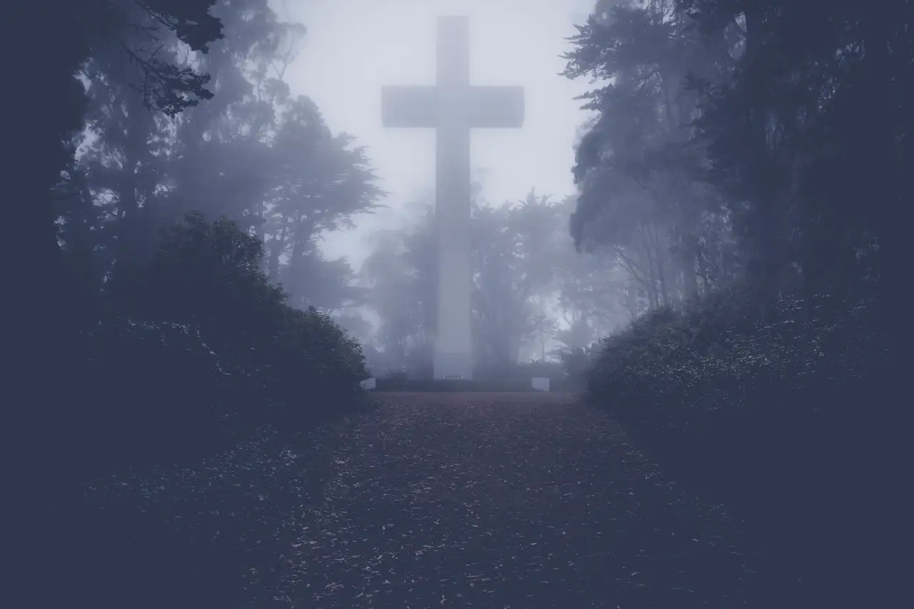 Fine-art photograph, “Cross in the Fog - 5DM48624.JPG,” from the California - Non City - Nature collection.