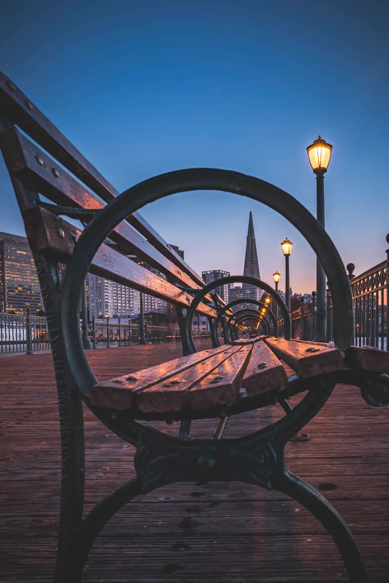 Fine-art photograph, “Embarcadero Bench and Transamerica at Twilight - 5DM40489.JPG,” from the California - SF - City collection.