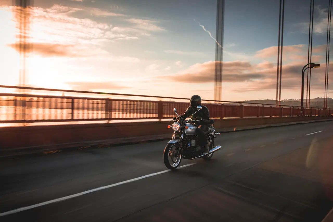 Fine-art photograph, “Motorcycle on the Bay Bridge at Golden Hour, Harbor Light - 5DM40653.JPG,” from the California - SF - City collection.