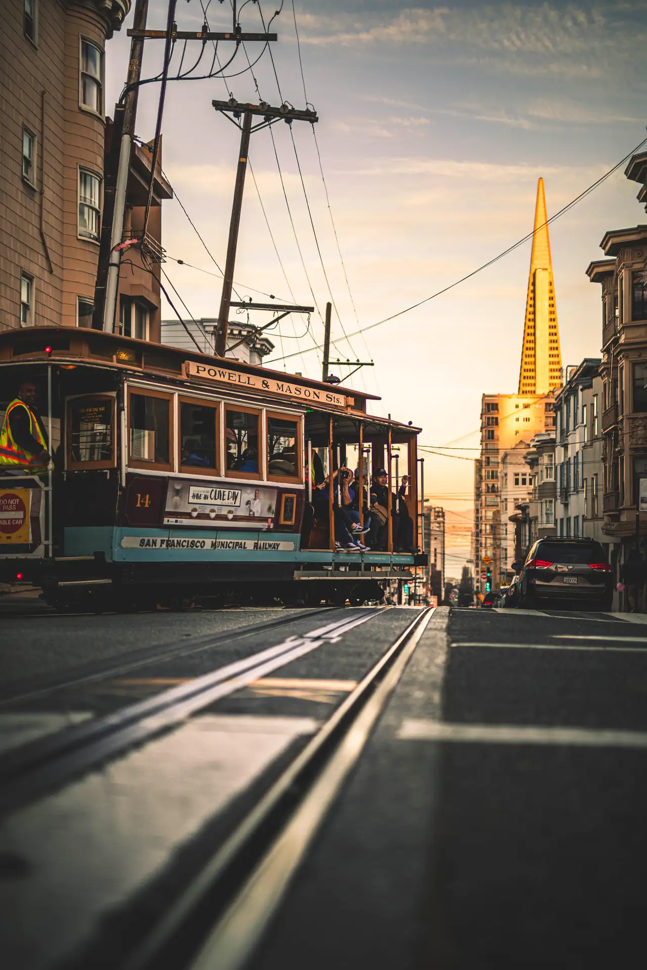 Fine-art photograph, “Cable Car Beneath the Transamerica Pyramid - 5DM40788.JPG,” from the California - SF - City collection.