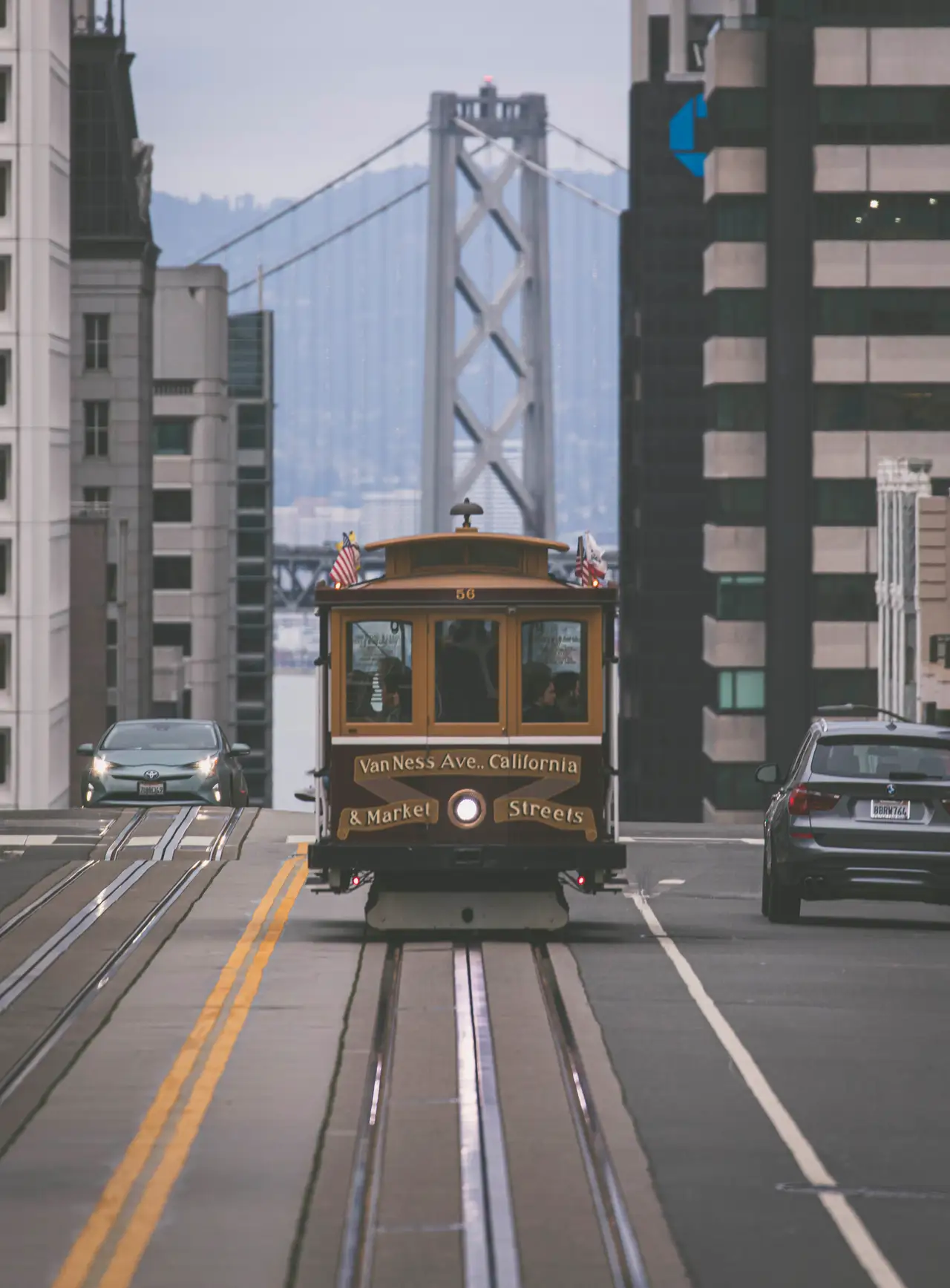 Fine-art photograph, “Cable Car with the Bay Bridge Beyond - 5DM42108.JPG,” from the California - SF - City collection.
