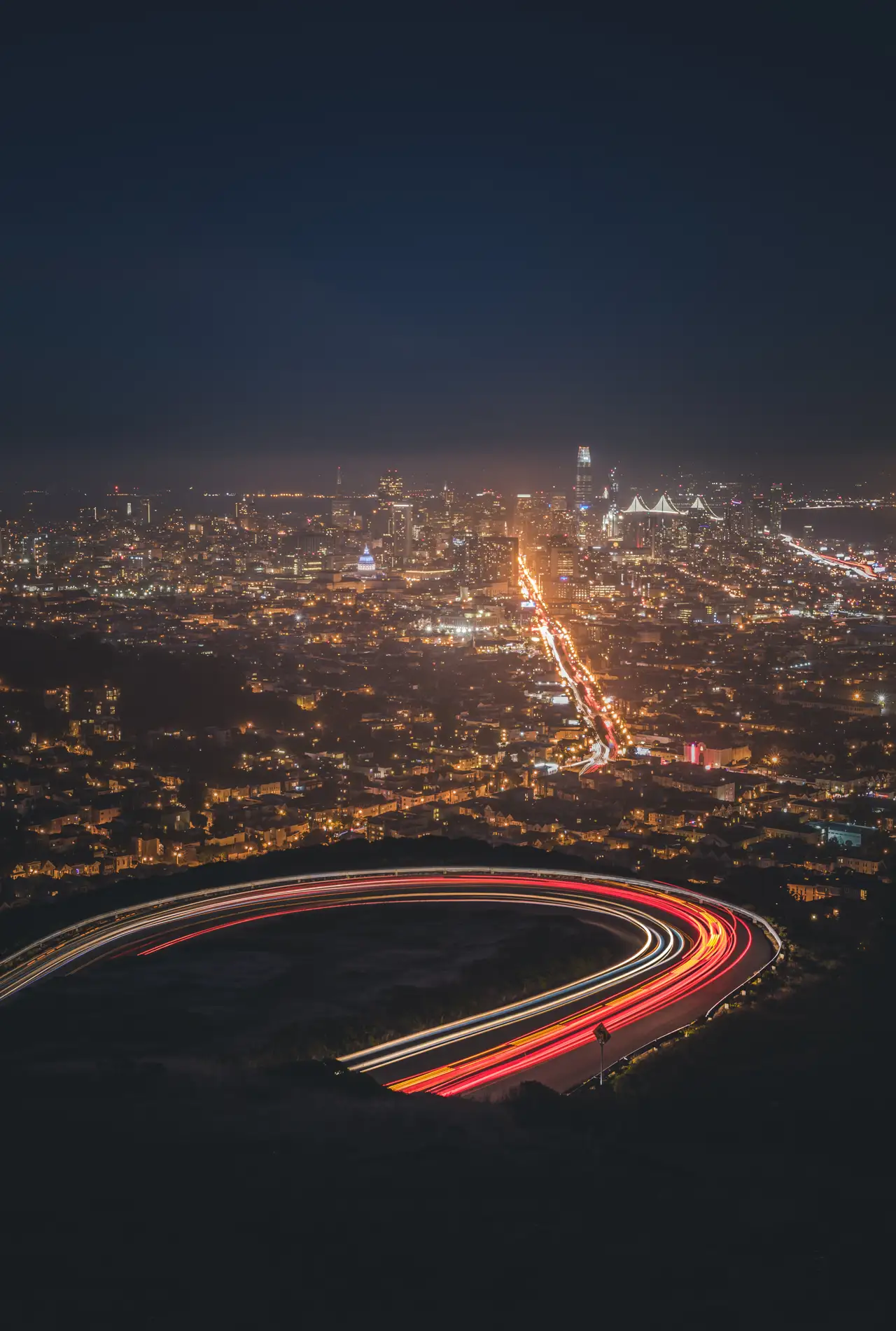 Fine-art photograph, “San Francisco Freeway Light Trails Beneath Fog - 5DM42962.JPG,” from the California - SF - City collection.
