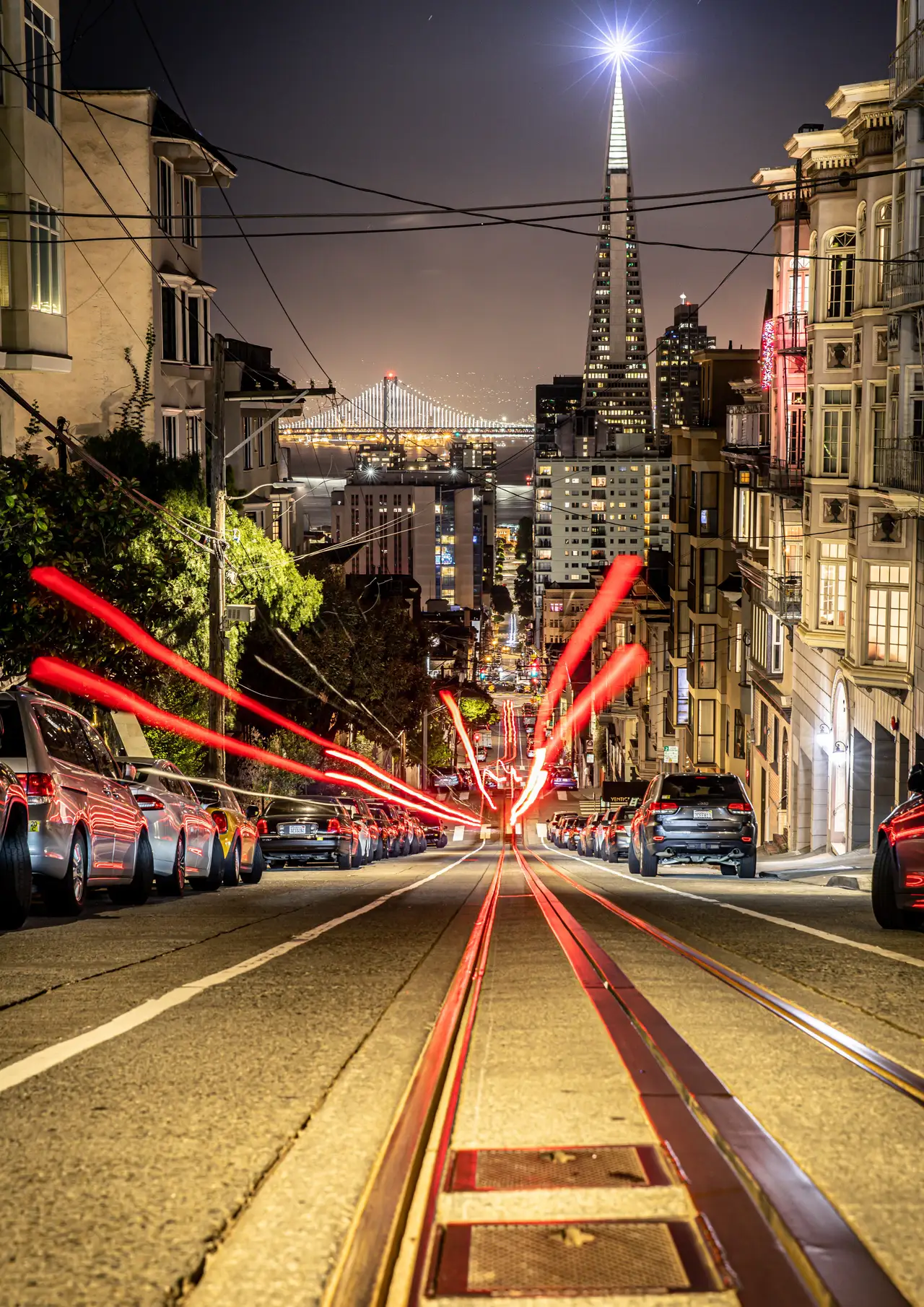 Fine-art photograph, “San Francisco Streetcar Tracks at Night,” from the San Francisco collection.