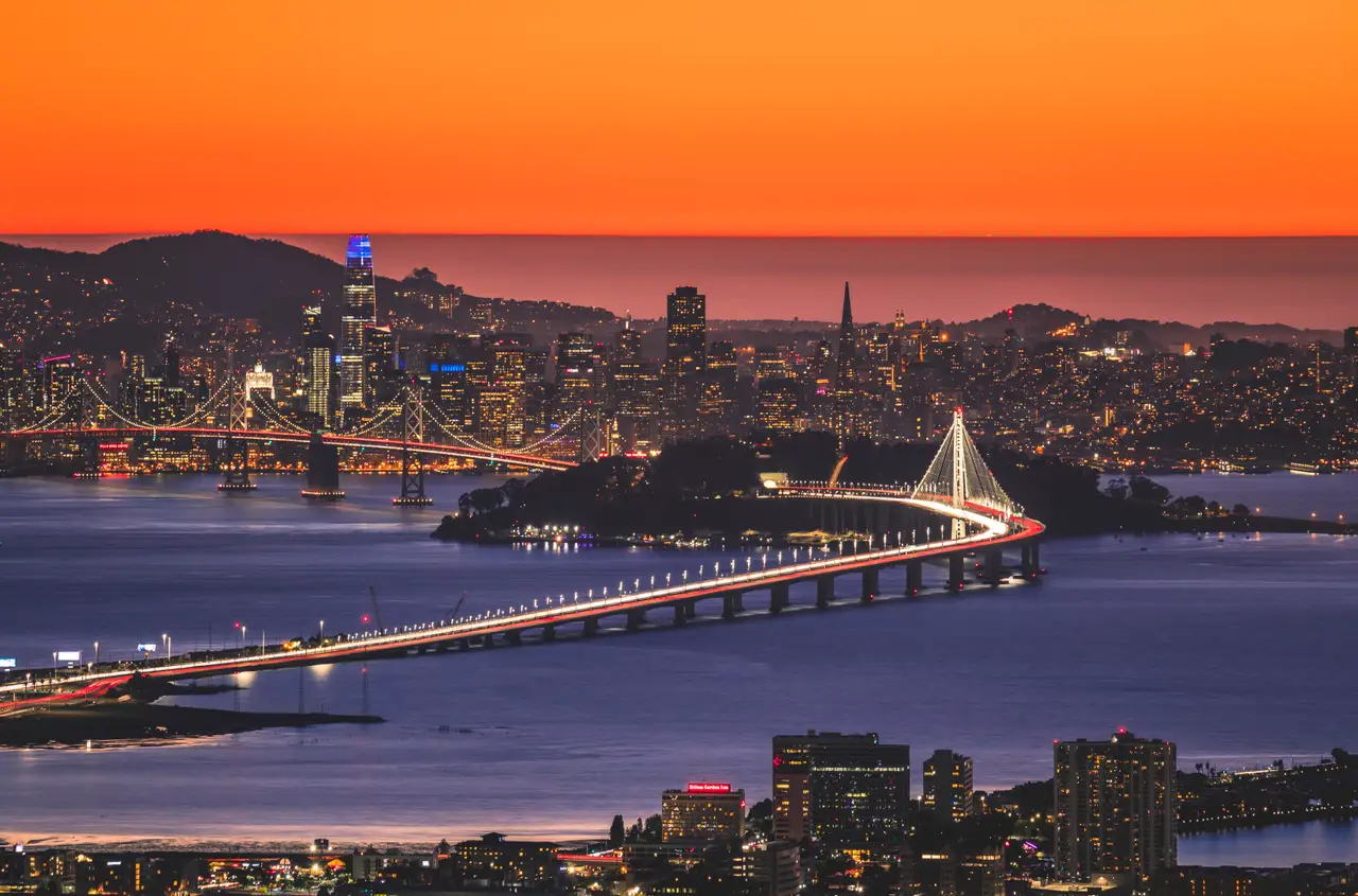 Fine-art photograph, “Bay Bridge Across San Francisco Bay at Sunset - 5DM43681.JPG,” from the California - SF - City collection.