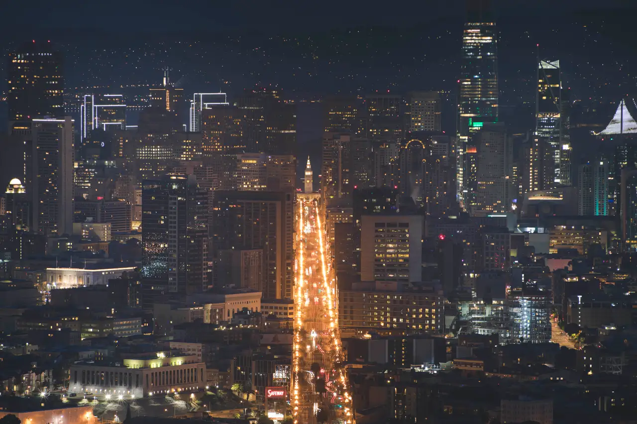 Fine-art photograph, “Market Street Light Trails from Above - 5DM44904.JPG,” from the California - SF - City collection.