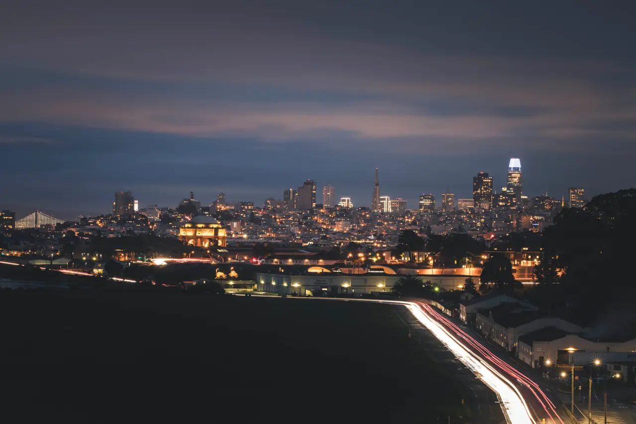 Fine-art photograph, “San Francisco Skyline and Bay Bridge at Night, Last Train Home - 5DM45956.JPG,” from the California - SF - City collection.