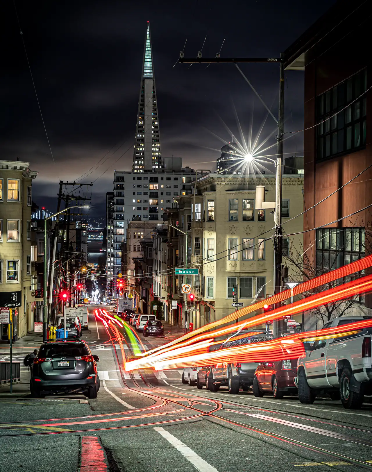 Fine-art photograph, “Telegraph Hill Cable Car Tracks at Night - 5DM48471.JPG,” from the California - SF - City collection.