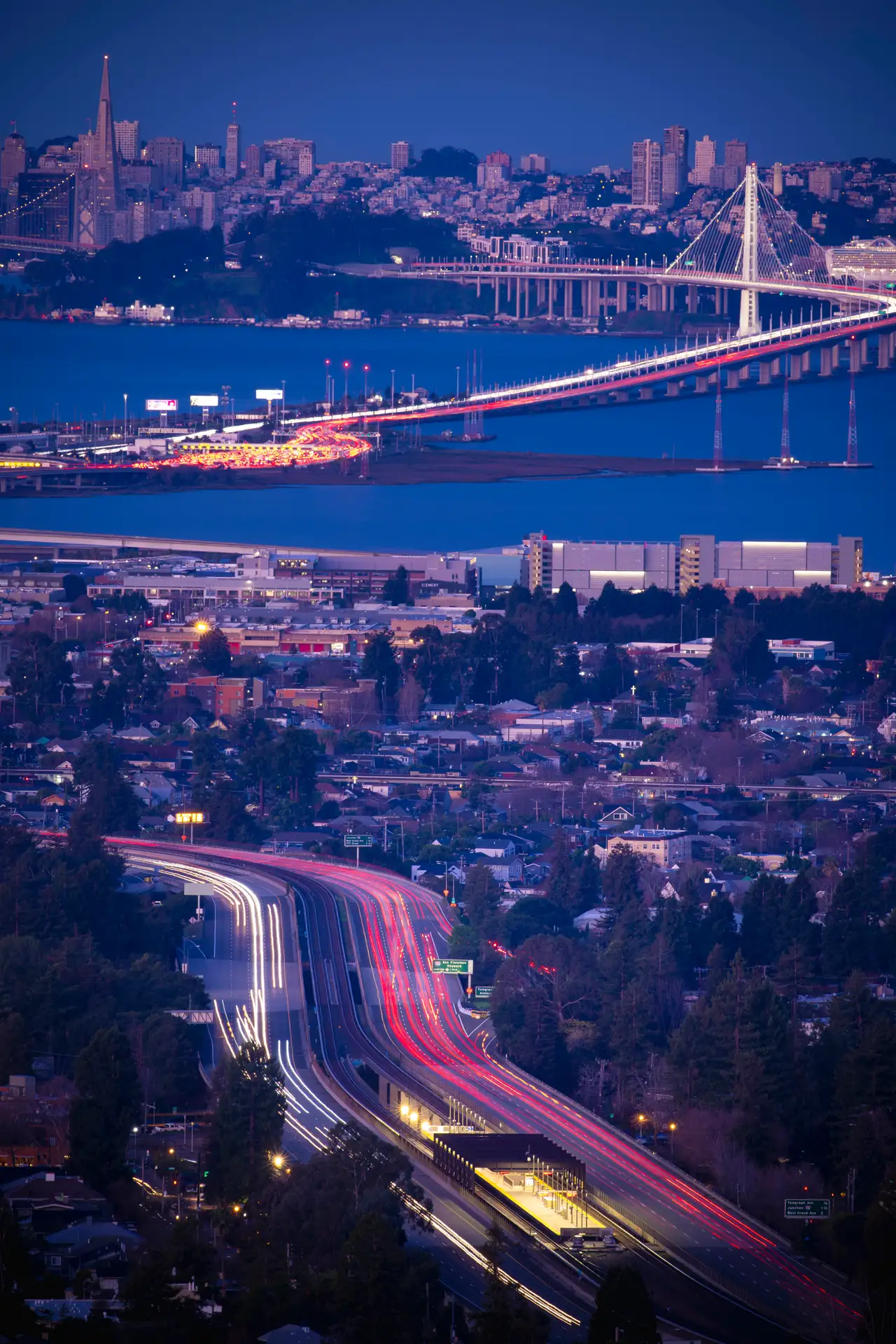 Fine-art photograph, “San Francisco and Bay Bridge, Blue Hour, Streetlight Current - _FIV8270.JPG,” from the California - SF - City collection.