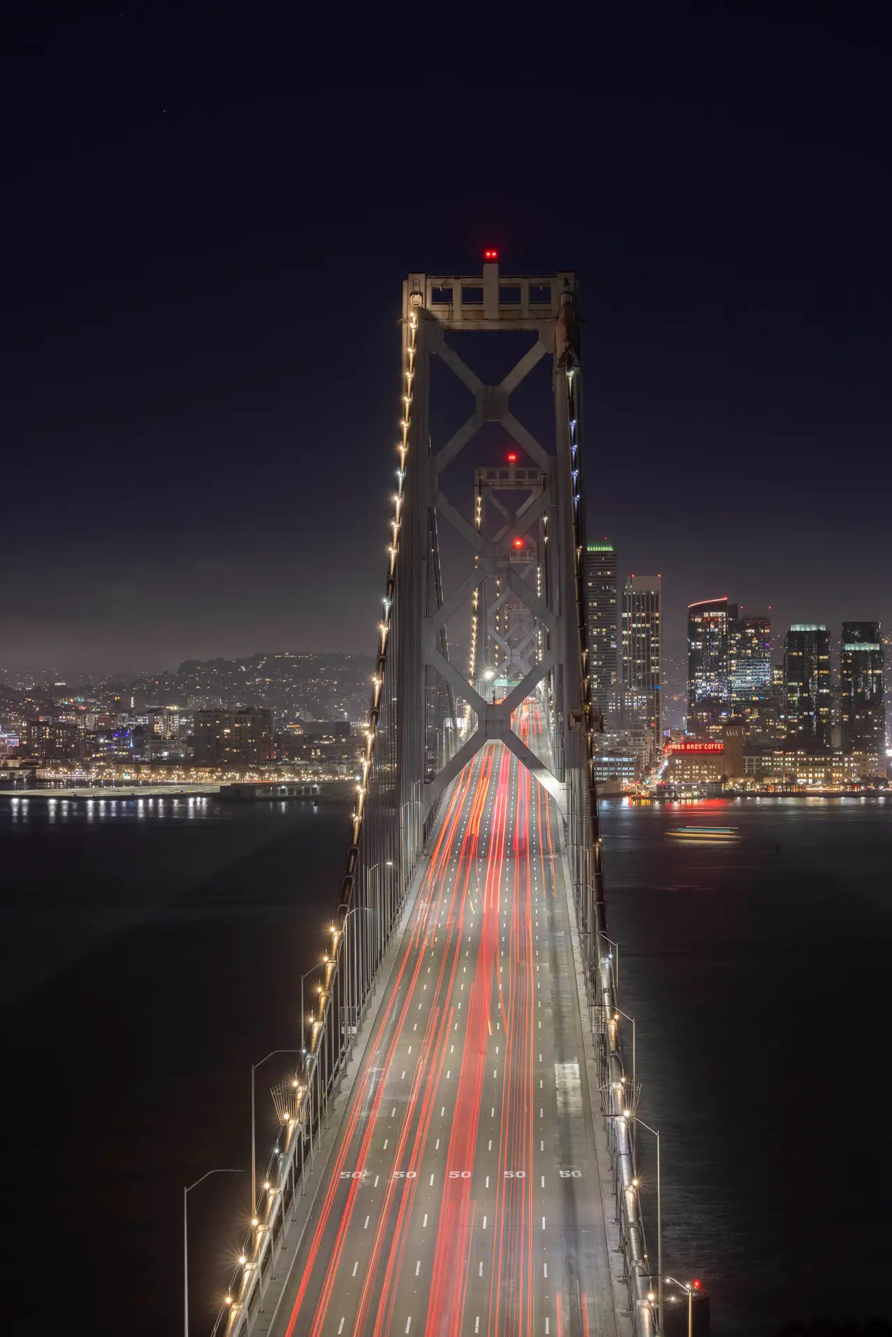 Fine-art photograph, “Bay Bridge Light Trails Toward the San Francisco Waterfront - _FIV9240.JPG,” from the California - SF - City collection.