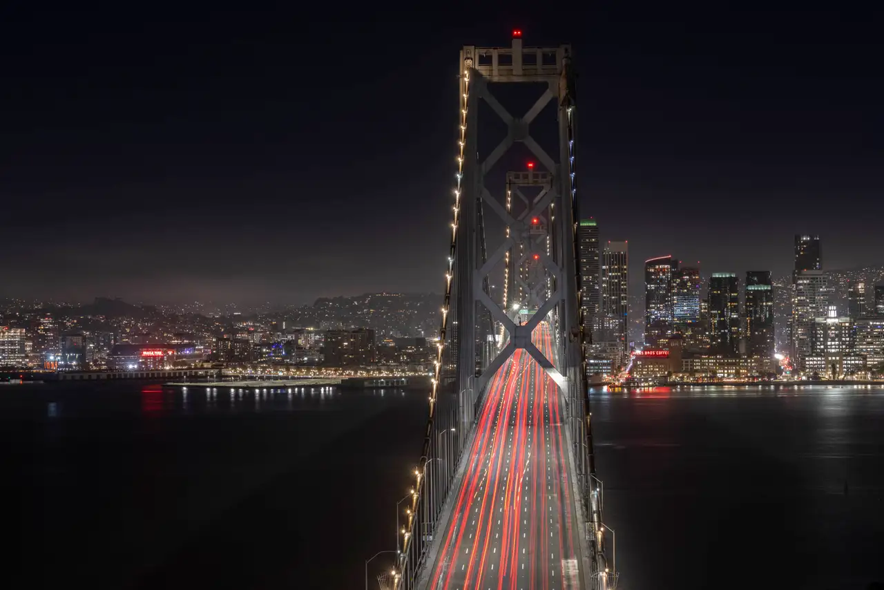 Fine-art photograph, “Bay Bridge Tower and San Francisco Waterfront Lights - _FIV9252.JPG,” from the California - SF - City collection.