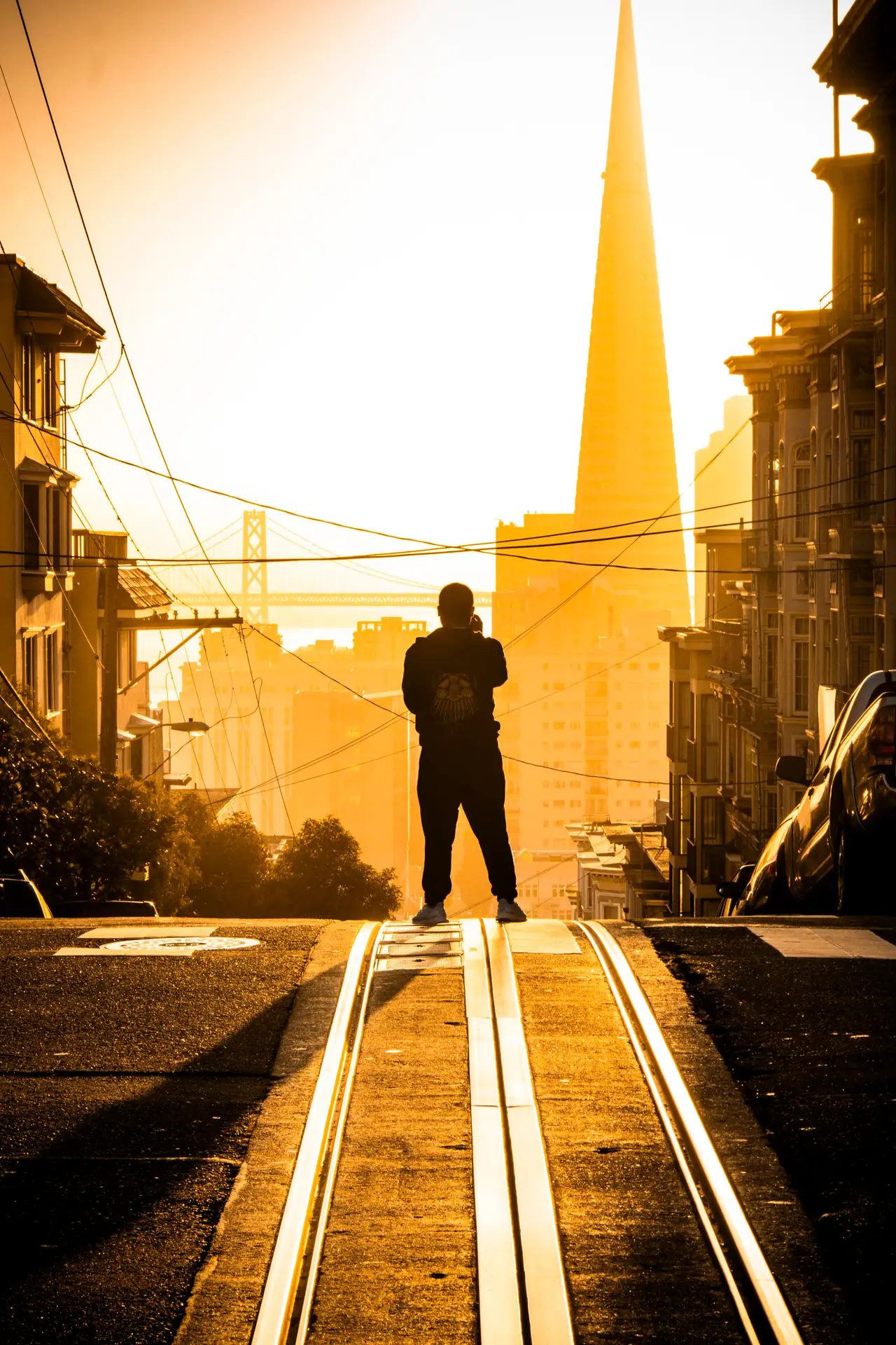 Fine-art photograph, “Cable Car and Transamerica at Sunset, Last Train Home - IMG_8631.JPG,” from the California - SF - City collection.