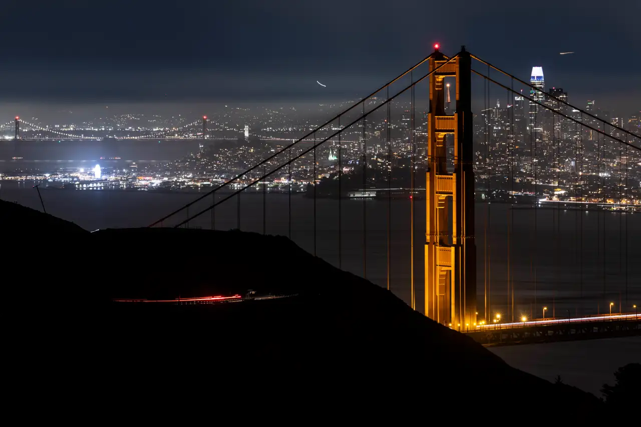 Fine-art photograph, “Golden Gate Bridge Tower and Bay Lights at Night - _FIV9188.JPG,” from the California - SF - Golden Gate collection.