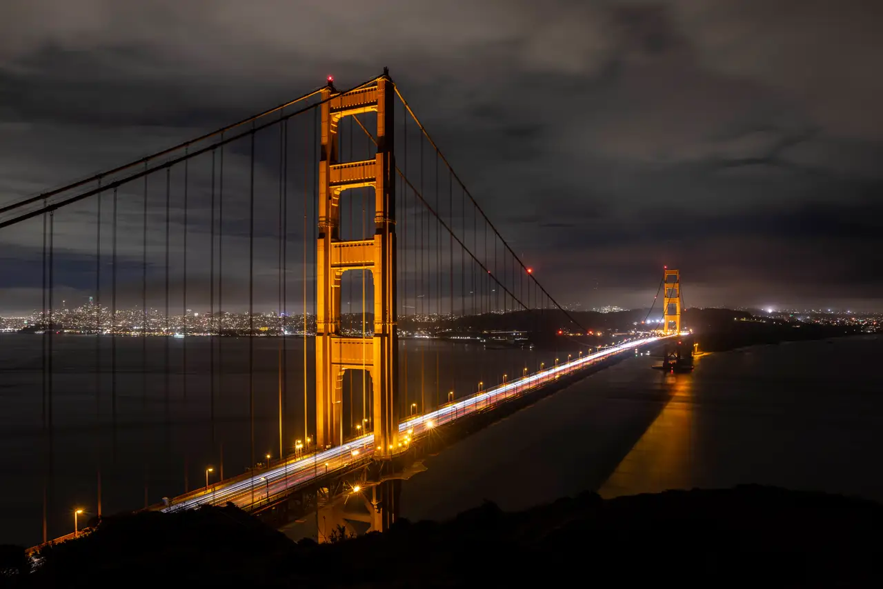Fine-art photograph, “Golden Gate Bridge and Bay Light Trails in Blue Hour - _FIV9206.JPG,” from the California - SF - Golden Gate collection.