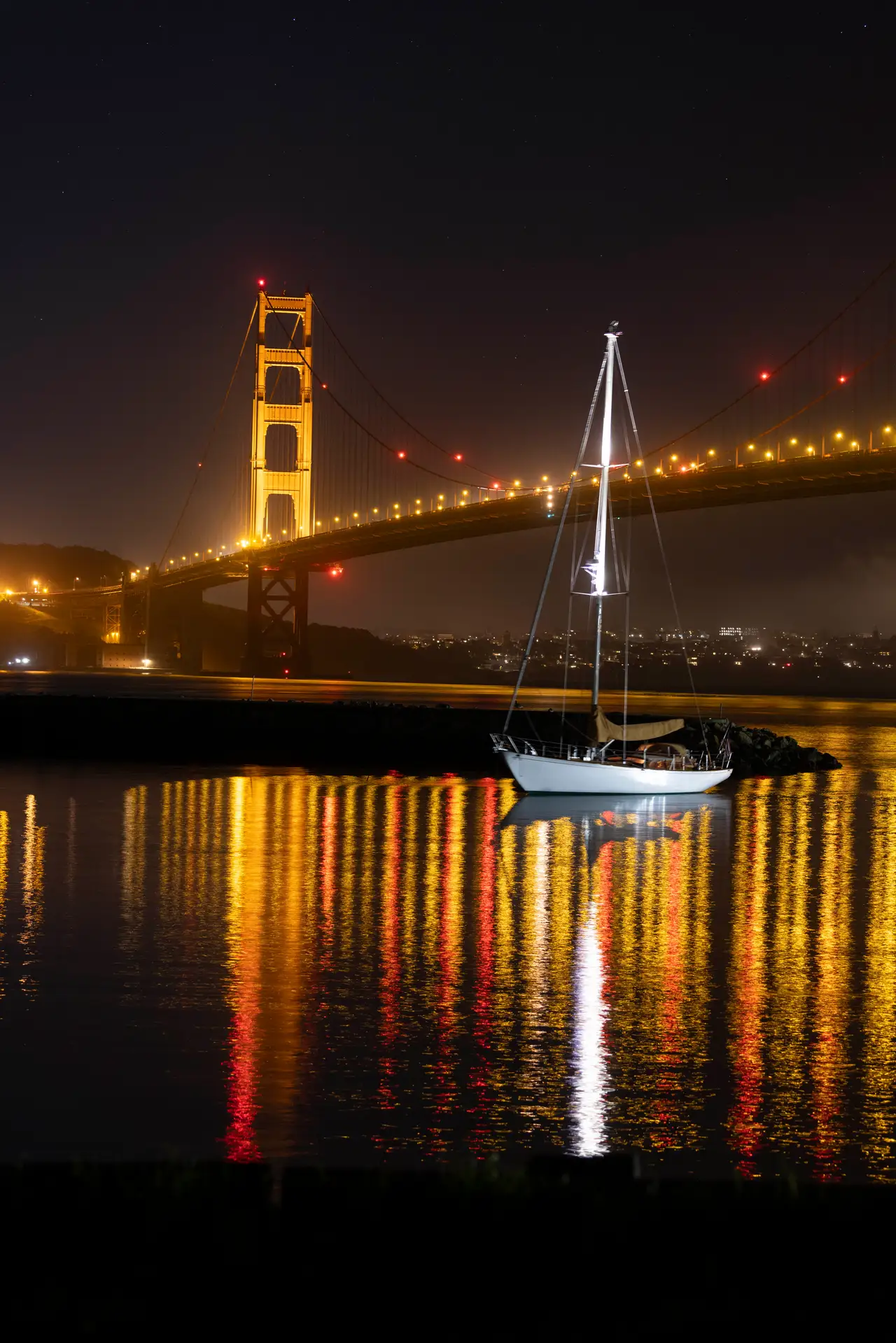 Fine-art photograph, “Sailboat Before Golden Gate Bridge at Night - _FIV9290.JPG,” from the California - SF - Golden Gate collection.