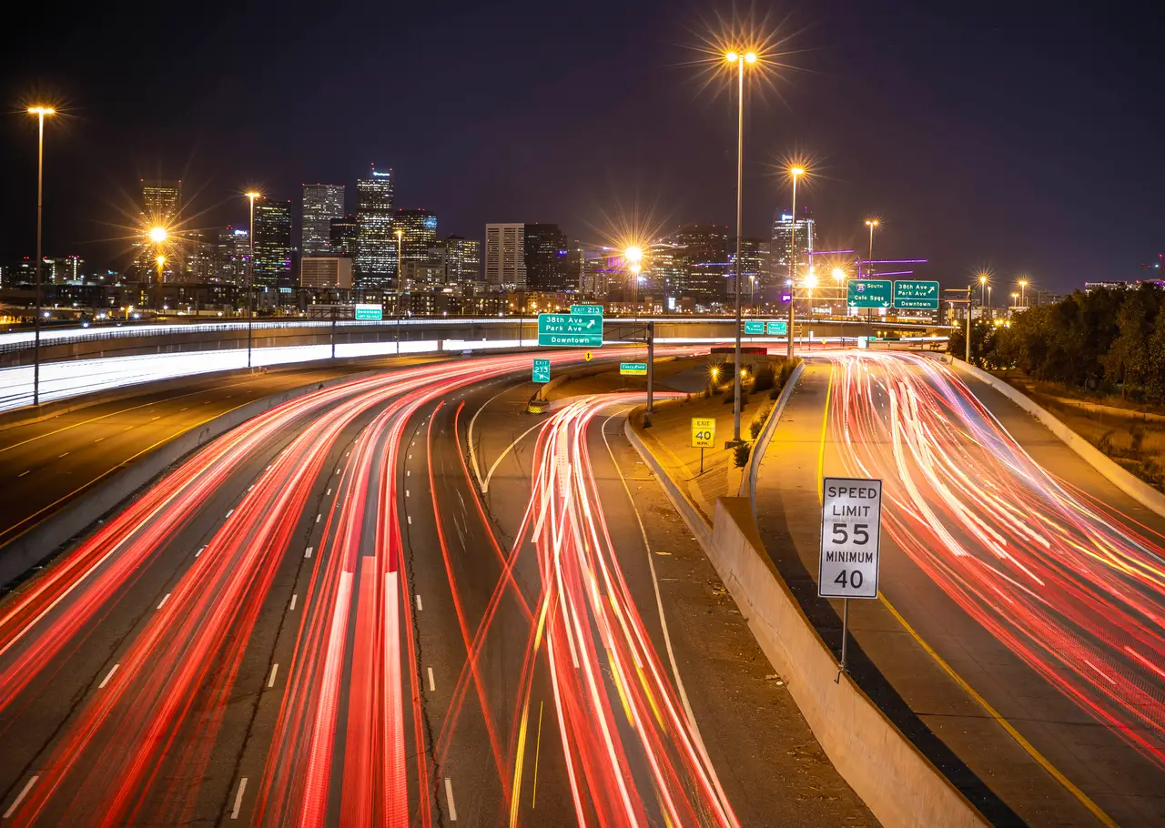 Fine-art photograph, “Traffic Beneath the Denver Skyline - 5DM45652.JPG,” from the Colorado - Denver collection.