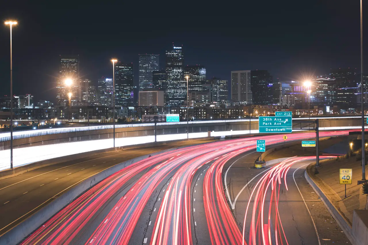 Fine-art photograph, “Red Trails Through Downtown - 5DM45666.JPG,” from the Colorado - Denver collection.