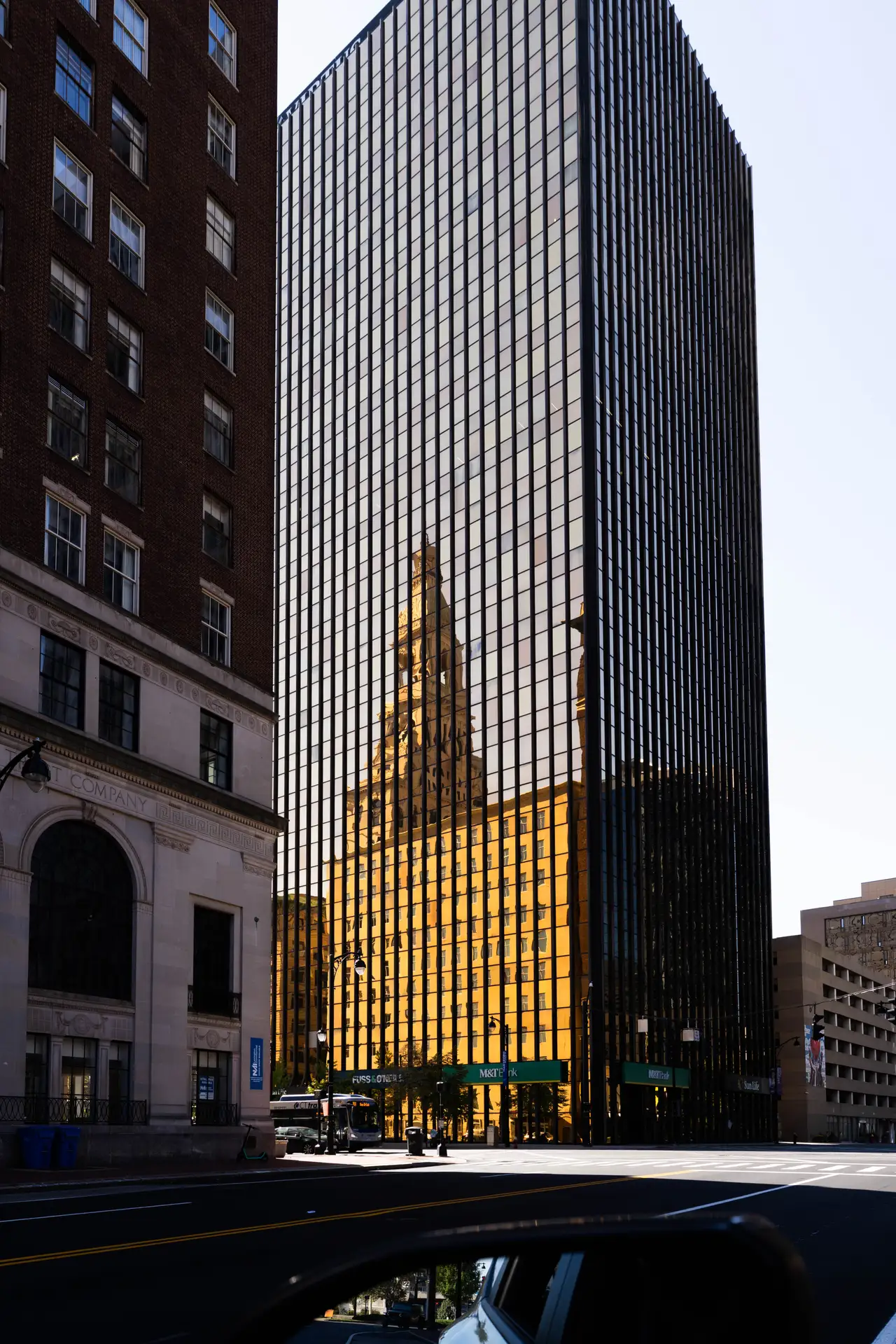 Fine-art photograph, “Hartford's Travelers Tower Reflected in a Downtown Glass Facade - 5M2A1051.JPG,” from the Connecticut collection.