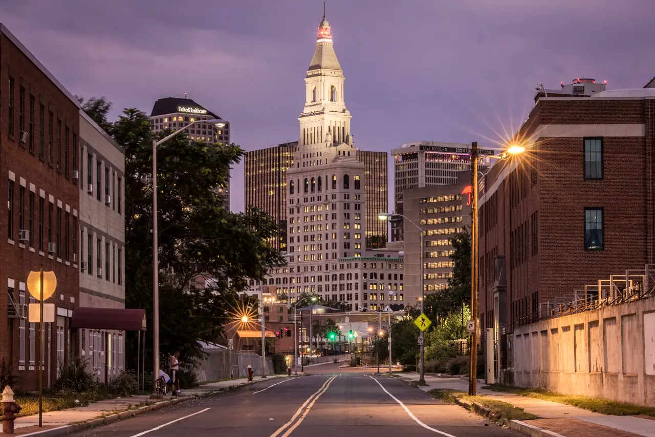 Fine-art photograph, “Hartford's Travelers Tower from a Downtown Street at Dusk - IMG_1596.JPG,” from the Connecticut collection.