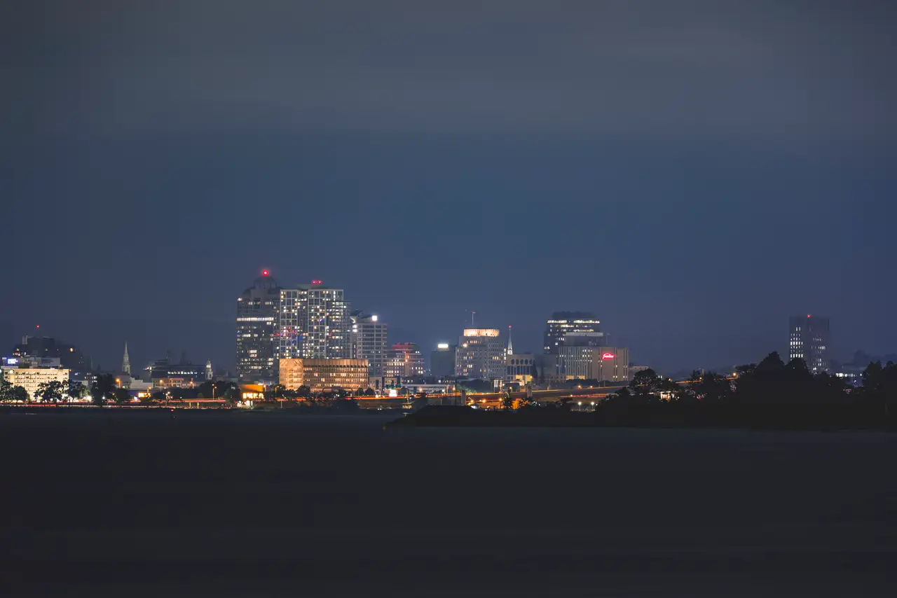 Fine-art photograph, “New Haven Waterfront Illuminated Beneath a Deep Blue Evening Sky - RFIV5680.JPG,” from the Connecticut collection.