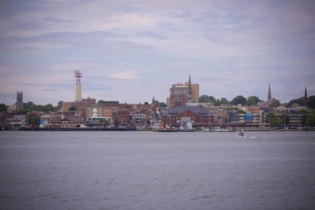 Fine-art photograph, “New London Waterfront and Thames River Beneath a Soft Overcast Sky - RFIV0691.JPG,” from the Connecticut collection.