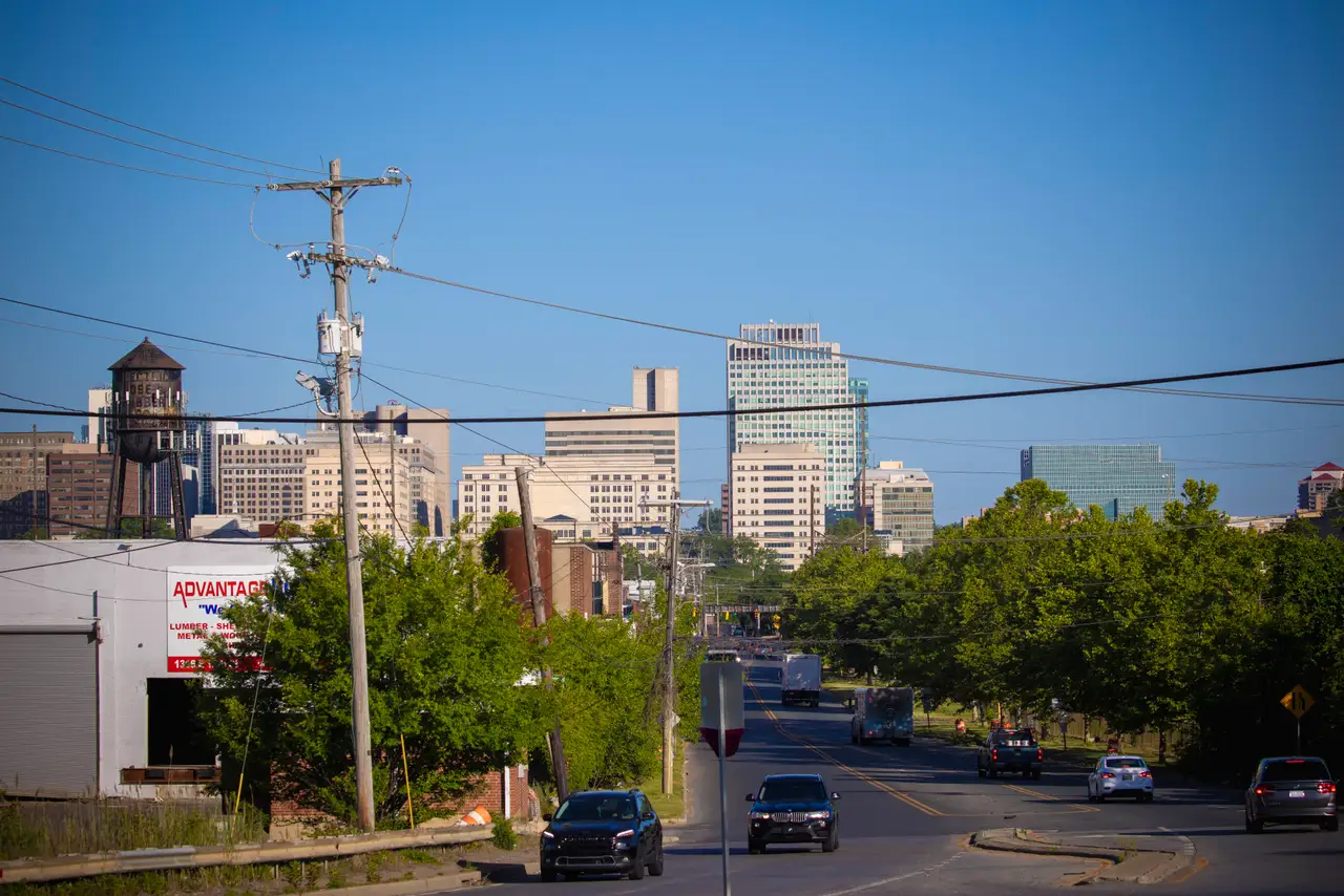 Fine-art photograph, “Downtown Wilmington Framed by a Utility Pole and Neighborhood Street - RFIV8774.JPG,” from the Delaware collection.