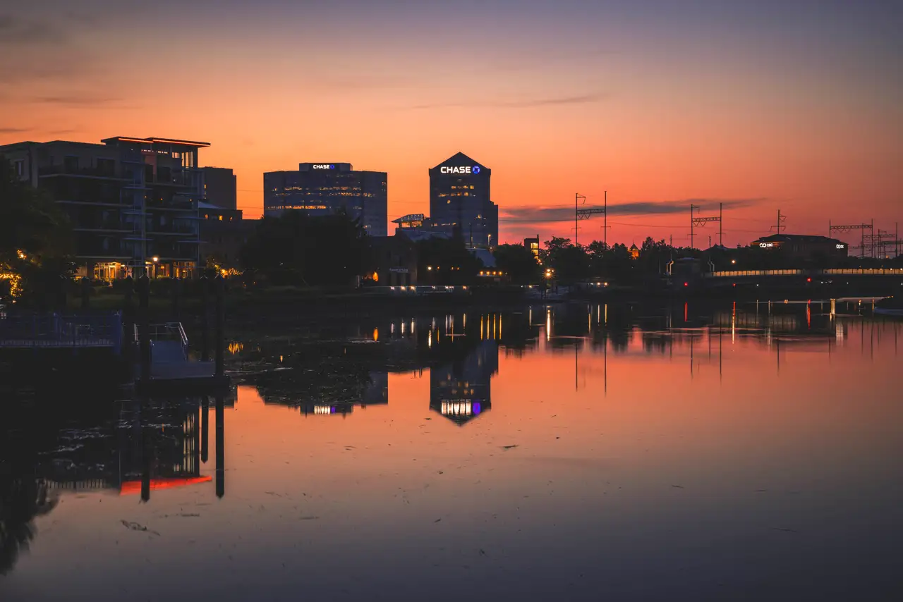 Fine-art photograph, “Wilmington Riverfront Chase Towers Reflected at Sunset - RFIV9803.JPG,” from the Delaware collection.